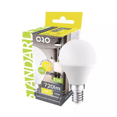 Żarówka ORO TOTO - biały / E14 / 8 W / 720 lm / barwa ciepła    Żarówka ORO-E14-G45-TOTO-8W-WW   Wymiary: - średnica: 4,6 cm - wysokość: 8,4 cm  ...