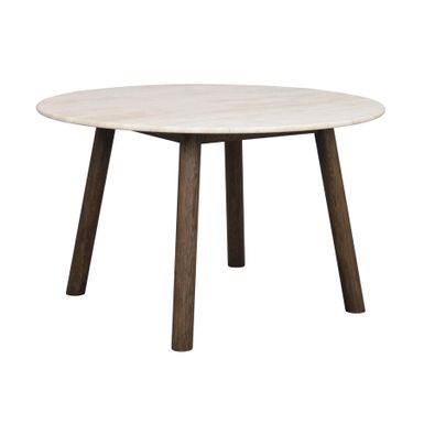 Wymiary: - średnica blatu: 125 cm - wysokość: 75 cm - grubość blatu: 2 cm - odległość między nogami: 55 cm Materiał: - blat: włoski kamień...