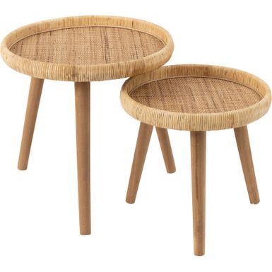 Wymiary: Większy stolik: - średnica: 60 cm - wysokość: 56,5 cm Mniejszy stolik: - średnica: 49,5 cm - wysokość: 46,5 cm Materiał:  - rattan - drewno...