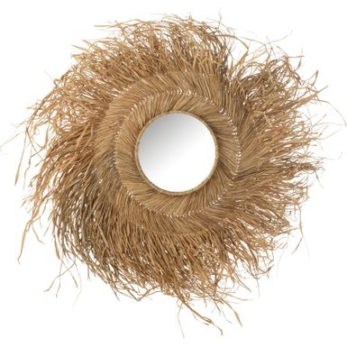 Wymiary: - średnica: 90 cm - głębokość: 5 cm Materiał: - rattan - trzcina - bambus - trawa morska - szkło