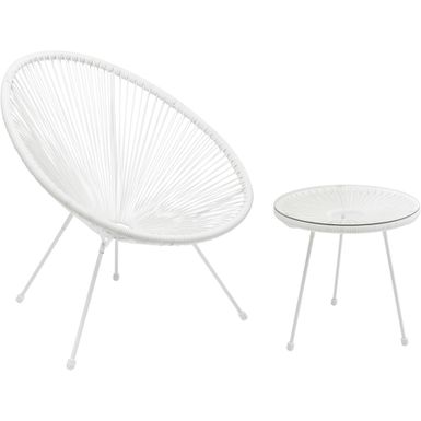 Wymiary: Fotel: - szerokość: 73 cm - głębokość: 78 cm - wysokość: 85 cm Stolik: - średnica: 50 cm - wysokość: 50 cm   Materiał:  - tworzywo...