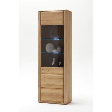 Wymiary: - szerokość: 69 cm - głębokość: 38 cm - wysokość: 209 cm   Materiał:  - front: lite drewno bukowe olejowane, szkło - korpus: fornir bukowy...