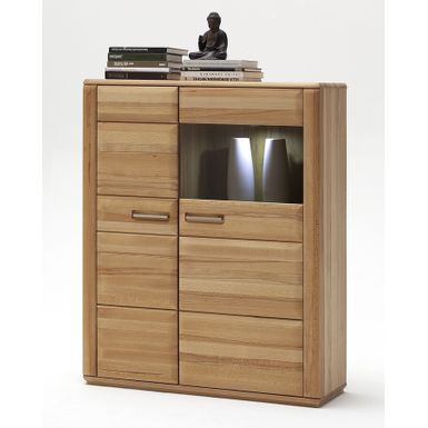 Wymiary: - szerokość: 107 cm - głębokość: 38 cm - wysokość: 131 cm   Materiał:  - front: lite drewno bukowe olejowane, szkło - korpus: fornir bukowy...