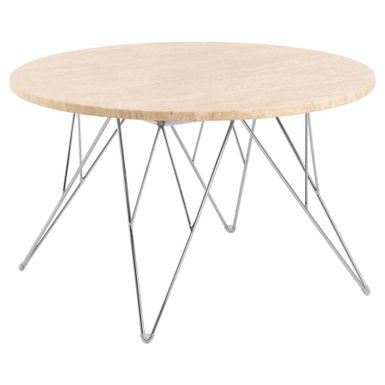 Wymiary: - średnica: 80 cm - wysokość: 46,4 cm   Materiał: - blat: trawertyn lakierowany - podstawa: stal chromowana   Informacje dodatkowe: - waga: 30 kg...