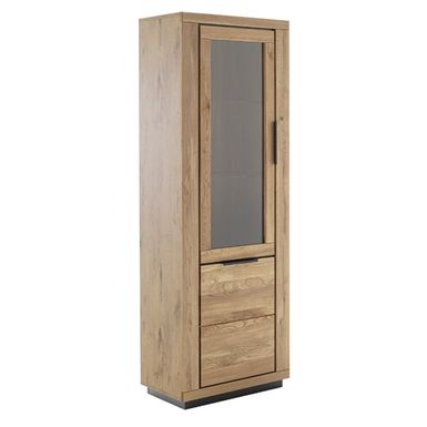 Wymiary: - szerokość: 72 cm - głębokość: 40 cm - wysokość: 200 cm   Materiał:  - korpus: folia w optyce dębu - front: dąb lity olejowany, szkło  ...