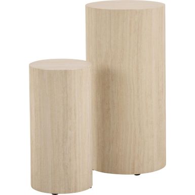 Wymiary: - wyższy postument: śred. 34 cm / wys. 70 cm - niższy postument: śred. 25 cm / wys. 50 cm   Materiał: - płyta meblowa w optyce trawertynu -...