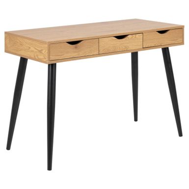 Wymiary:  - szerokość: 110 cm - głębokość: 50 cm - wysokość: 77,1 cm - wysokość nóg: 61,4 cm   Materiały:  - płyta MDF - okleina - metal...