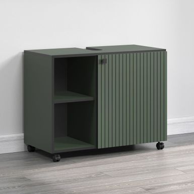 Wymiary: - szerokość: 80 cm - głębokość: 42 cm - wysokość: 64 cm   Materiał:  - korpus: laminat zielony - front: laminat zielony, ryflowany z...