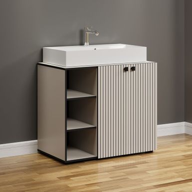 Wymiary: - szerokość: 90 cm - głębokość: 53 cm - wysokość: 79 / 91 cm - umywalka: 80 x 42 x 12 cm   Materiał:  - korpus: laminat kaszmir - front:...