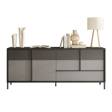 Wymiary: - szerokość: 206 cm - głębokość: 40 cm - wysokość: 86 cm Materiał:  - korpus: laminat ołowiany (piombo) - front: laminat kredowy (gesso),...