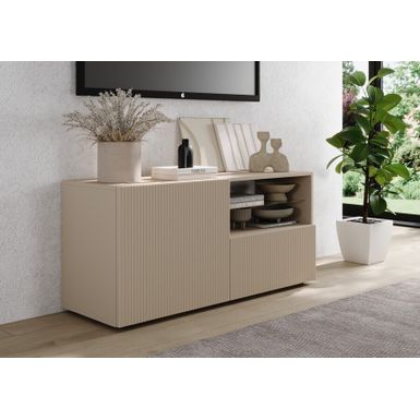 Wymiary: - szerokość: 122 cm - głębokość: 42 cm - wysokość: 57 cm Materiał: - korpus: płyta laminowana, kaszmir - front: MDF, folia kaszmir mat...