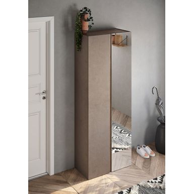 Wymiary: - szerokość: 70 cm - głębokość: 35 cm - wysokość: 185 cm Materiał: - korpus / front: płyta laminowana, szarobrązowy - wieniec górny /...