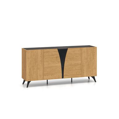 Wymiary:  - szerokość: 170 cm - głębokość: 40 cm - wysokość: 82 cm   Materiał:  - płyta laminowana - obrzeże ABS - wstawka ze szkła - metalowe...