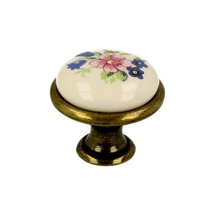 Gałka GP19 - mosiądz antyczny, porcelana mleczna z kwiatem / fi 29 mm