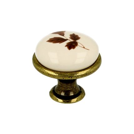 Gałka GP19 - mosiądz antyczny, porcelana mleczna z liśćmi / fi 29 mm