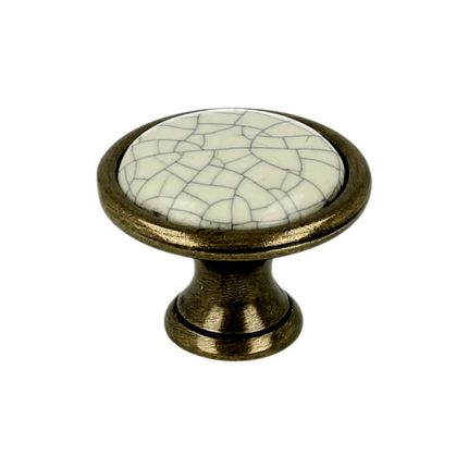 Gałka ROMANA 1700 - stary mosiądz, jasnobeżowa popękana porcelana / fi 29 mm