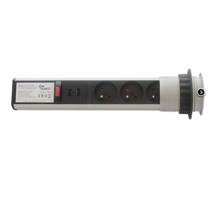 Przedłużacz biurkowy PBW-3U wpuszczany z uziemieniem - srebrny / 60 mm / 3x gniazdo + USB
