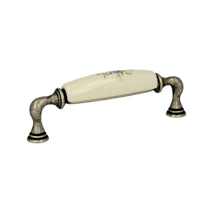 Uchwyt 15136 - stare srebro, kremowa ceramika z kwiatem / rozstaw 128 mm