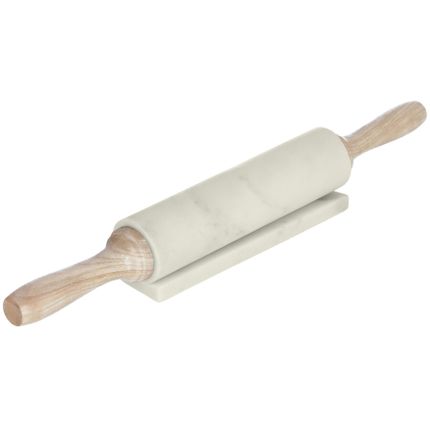 Wałek kuchenny marmurowy biały uchwyty drewniane 41 cm