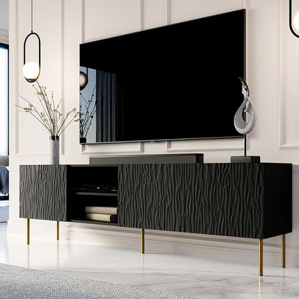 Frezowana szafka RTV 4-drzwiowa FIORI 190 cm - czarny mat
