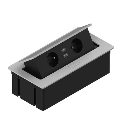 Przedłużacz biurkowy wpuszczany ELEKTRIMA KWADRO / 2x gniazdo z uziemieniem + 2x USB - srebrny