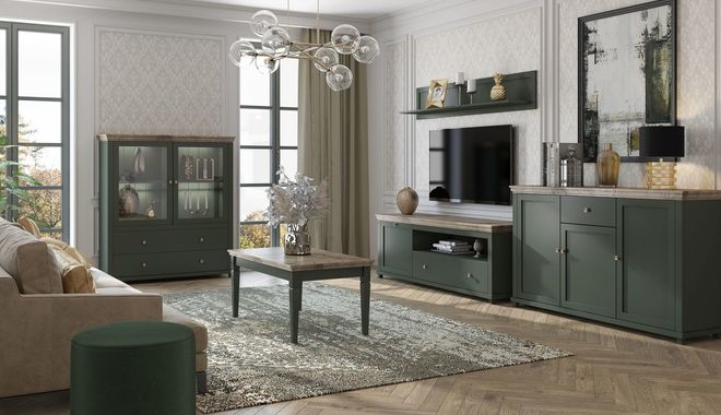 Butelkowa zieleń w eleganckim salonie