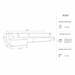 Aksamitny narożnik 5-osobowy RUBY lewostronny