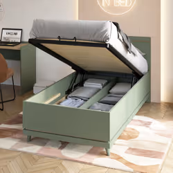 Łóżko z pojemnikiem SCANDI 54 100x200 - zgaszona zieleń/dąb olejowany