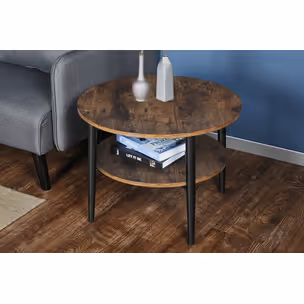 Stolik okrągły z półką ELLA B 60 cm - brąz rustykalny/czarny