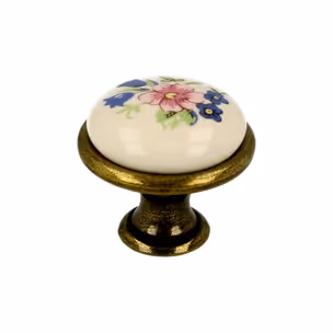 Gałka GP19 - mosiądz antyczny, porcelana mleczna z kwiatem / fi 29 mm