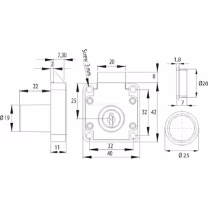 Zamek zatrzaskowy kwadratowy Siso X-856M / niklowany / fi 19 mm 