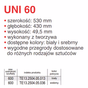 Wkład szufladowy UNI 60 530X430 1,6 MM tworzywo sztuczne biały