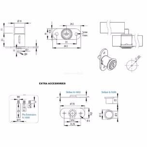 Zamek wciskany w systemie 1 klucza Siso X-1003 do drzwi przesuwnych - niklowany / fi 19 mm