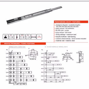 Prowadnica kulkowa PK09 z hamulcem h=45mm udżwig 35 kg dł. 450 mm