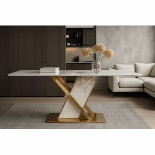 Stół MODIG 180x90 z podstawą w kształcie X - biały marmur/złoty