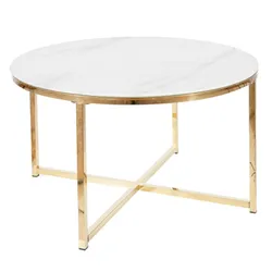 Ława okrągła SALMA 80 cm - biały efekt marmuru/złoty