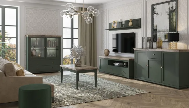 Butelkowa zieleń w eleganckim salonie
