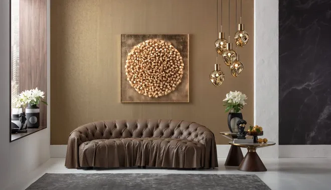 Brązowa skórzana sofa w nowoczesnym salonie