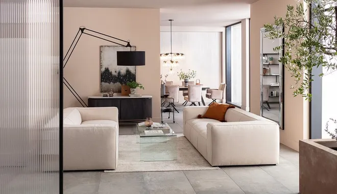 Minimalistyczny salon z jadalnią