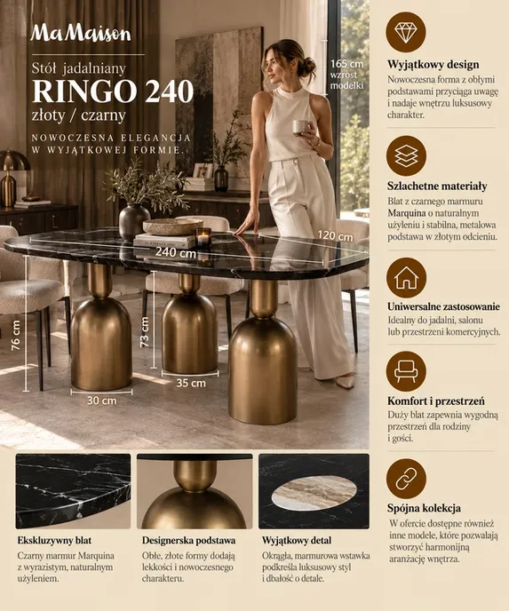 Stół jadalniany RINGO 240x120 -  czarny marmur/złoty