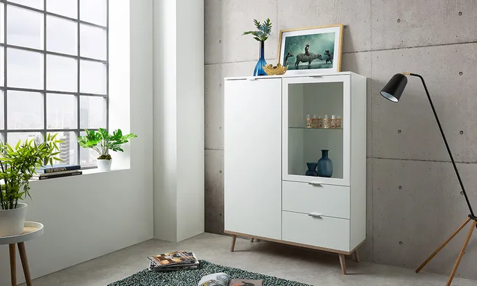 Wysoka komoda GÖTEBORG 2D2S 140 cm - biały mat/dąb sonoma