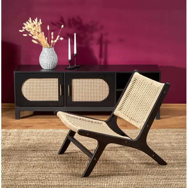Fotel w stylu boho FODEN - czarny/naturalny