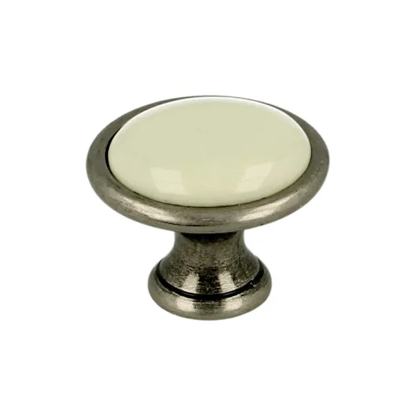 Gałka ROMANA 1700 - stare srebro, jasnobeżowa gładka porcelana / fi 29 mm
