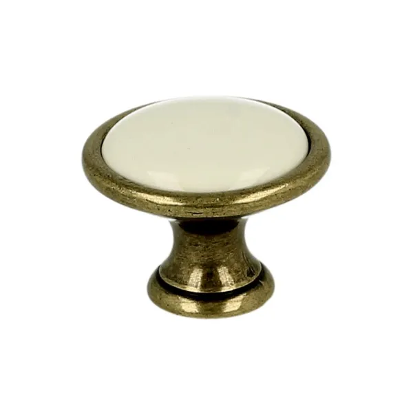 Gałka ROMANA 1700 - stary mosiądz, jasnobeżowa gładka porcelana / fi 29 mm