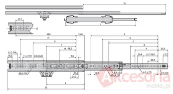 Prowadnica kulkowa 3832AA 55cm 45kg Wspomaga Otwieranie Accuride
