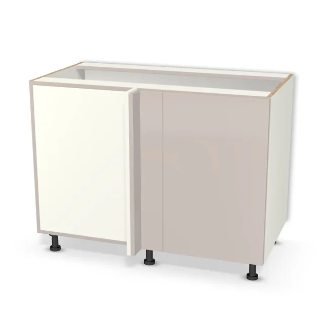 Front: Kawowy (Sabbia) (U1687L, STGHG), Korpus: Biały premium (W1000, ST9), Przednie krawędzie: W kolorze frontu (U1687L, STGHG), Bok szafki lewy: Domyślne (w kolorze korpusu) (W1000, ST9), Bok szafki prawy: Domyślne (w kolorze korpusu) (W1000, ST9), Szerokość: 107,5 cm, Wysokość: 72 cm, Wysokość z nóżkami: 82 cm, Głębokość: 54 cm, Głębokość z frontem: 55,8 cm, Głęb. prostopadłych szafek: 51 cm, Szerokość wewnętrzna pomiędzy bokiem a blendą korpusu: 41,4 cm, Układ mebla: Lewy narożnik, front po prawej, Drzwi: 1 front - otwierany w lewo, Rodzaj cargo: Standardowe półki, Liczba półek: 2 półki, Rozmieszczenie półek: Rozmieszczenie symetryczne półek, Zawiasy: Zawias Blum Clip 95 równoległe z hamulcem (Premium), Nóżki: Nóżka Wurth 10cm z regulacją, udźwig 250kg (Optimum Wurth), Uchwyty: Brak uchwytów i brak nawiertów (Brak uchwytów), Podpórki półek: Podpórki półki fi 5 mm (Basic / ruchome), Obrzeże korpusu: 0,8 mm, Obrzeże frontu: 1,3 mm, Oklejanie boków: Nieoklejone (góra i dół)