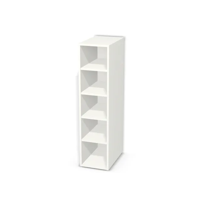 Korpus: Biały alpejski (W1100, ST9), Materiał pleców: Plecy z płyty HDF 3 mm (biała), Szerokość: 30 cm, Wysokość: 123 cm, Głębokość: 48 cm, Liczba półek: 4 półki, Rozmieszczenie półek: Własne ustawienie, Typ podstawy: Brak (tylko ślizgacze), Podpórki półek: Podpórki półki fi 5 mm (Basic / ruchome), Obrzeże korpusu: 0,8 mm
