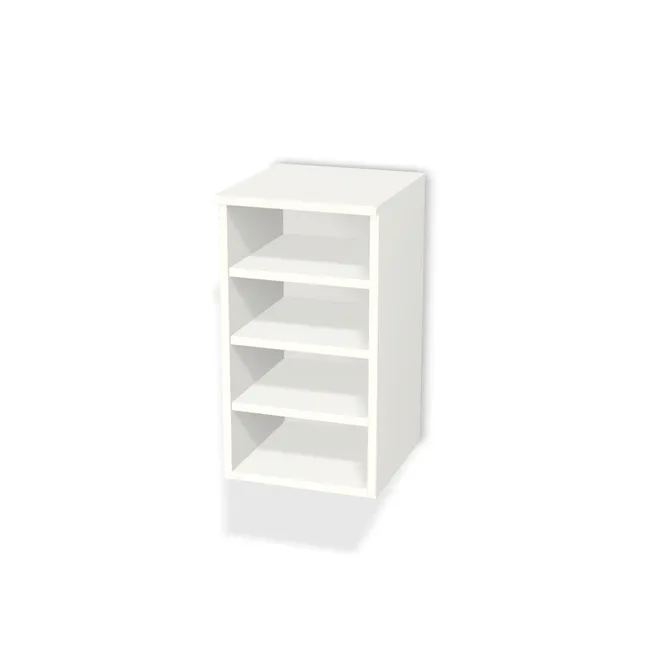 Korpus: Biały alpejski (W1100, ST9), Materiał pleców: Plecy z płyty HDF 3 mm (biała), Szerokość: 33 cm, Wysokość: 60 cm, Głębokość: 33 cm, Głębokość z frontem: 34,8 cm, Typ wieńca górnego: Wieniec górny nakładany, Drzwi: Bez frontów, Liczba półek: 3 półki, Rozmieszczenie półek: Rozmieszczenie symetryczne półek, System domyku: Otwieranie uchwytem, Zawieszki: Zawieszki Blum (Premium Blum), Zawiasy: Dobór we własnym zakresie (Brak), Uchwyty: Brak uchwytów i brak nawiertów (Brak uchwytów), Podpórki półek: Złączki Rafix TAB 20 S (Premium / z zabezp.), Obrzeże korpusu: 0,8 mm, Wycięcie HDF: Bez wycięcia