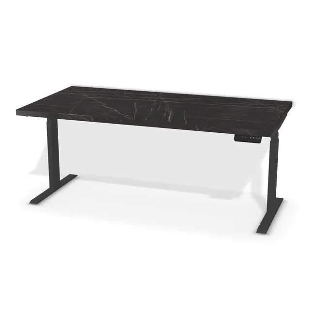 Blat: Grigia Pietra czarna (F206, ST9, 36mm), Szerokość: 160 cm, Głębokość: 80 cm, Kształt blatu: Blat prostokątny, Układ kontrolera: Kontroler po prawej stronie, Pozycja kontrolera (od krawędzi blatu): 5 cm, Przepusty: Brak, Stelaż: Stelaż elektryczny do biurka FUTURO II (625-1275 mm) czarny (Futuro II Stelaż Czarny), Obrzeże blatu: 2,0 mm