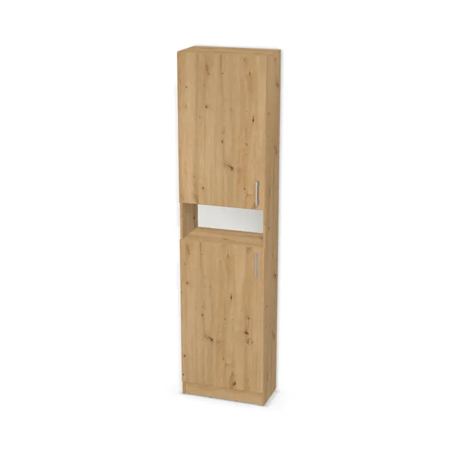 Front: Dąb dziki naturalny (H1318, ST10) Usłojenie Pionowe, Korpus: Dąb dziki naturalny (H1318, ST10), Usłojenie frontu: Pionowe, Materiał pleców: Plecy z płyty HDF 3 mm (biała), Szerokość: 60 cm, Wysokość: 230 cm, Wysokość z cokołem: 240 cm, Głębokość: 29 cm, Głębokość z frontem: 30,8 cm, Wys. części górnej: 100 cm, Wys. części dolnej: 105 cm, Drzwi: 2 fronty - otwierane w lewo, Liczba półek na górze: Bez półek, Liczba półek na środku: Bez półek, Liczba półek na dole: Bez półek, Typ podstawy: Cokół 10 cm, System domyku: Otwieranie naciskiem (Tip-On), Zawiasy: Blum ClipTop 110 bez sprężyny (Premium), Uchwyty: Uchwyt Chrom 2576 dł. 150 mm rozstaw 128 mm (Uchwyt 2576 128 mm), Obrzeże korpusu: 0,8 mm, Obrzeże frontu: 2,0 mm, Rozmieszczenie uchwytów: Pionowo (góra frontu 50 mm, bok 50 mm), Rozmieszczenie uchwytów (na górze): Pionowo (dół frontu 50 mm), bok 50 mm), Rodzaj: Zabudowa szeregowa